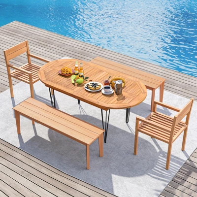 Tangkula 71" Patio Dining Table 6 Person Large Oval Table W/ Teak Wood Tabletop 2 Tangkula 71" Patio Dining Table 6 Person Large Oval Table W/ Teak Wood Tabletop - Image 2