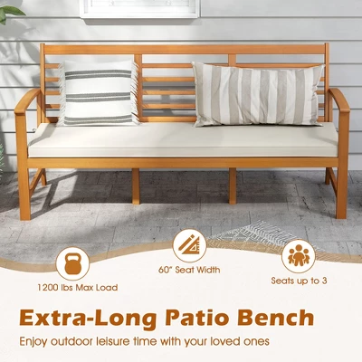 Tangkula 64" Acacia Wood 3-Seat Patio Bench with Off-White Cushion 5 Tangkula 64" Acacia Wood 3-Seat Patio Bench with Off-White Cushion - Image 5