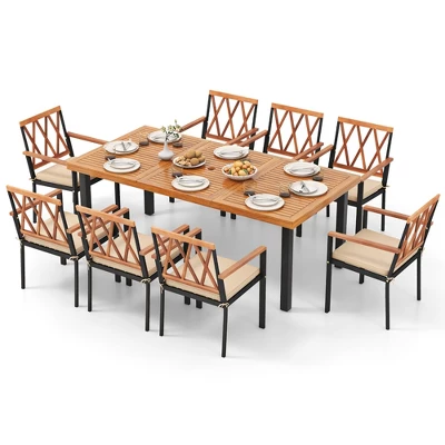 Tangkula 9 PCS Patio Dining Set Acacia Wood Table W/ Soft Cushions And 1.9" Umbrella Hole 7 Tangkula 9 PCS Patio Dining Set Acacia Wood Table W/ Soft Cushions And 1.9" Umbrella Hole - Image 7