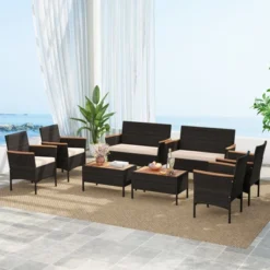 Tangkula 8 Piece Outdoor Patio Rattan Furniture Set with Acacia Wood