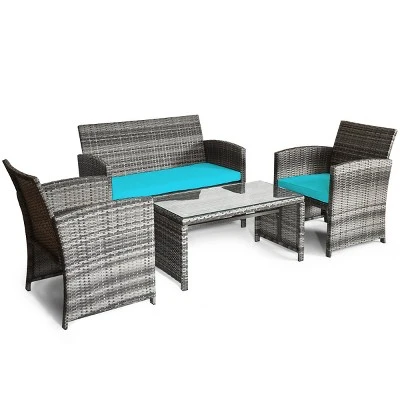 Tangkula 4-Piece Rattan Wicker Outdoor Patio Conversation Set - Turquoise 5 Tangkula 4-Piece Rattan Wicker Outdoor Patio Conversation Set - Turquoise - Image 5