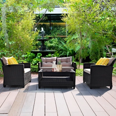 Tangkula Outdoor Rattan Conversation Set 4 Pieces Patio Wicker Chairs 2 Tangkula Outdoor Rattan Conversation Set 4 Pieces Patio Wicker Chairs - Image 2