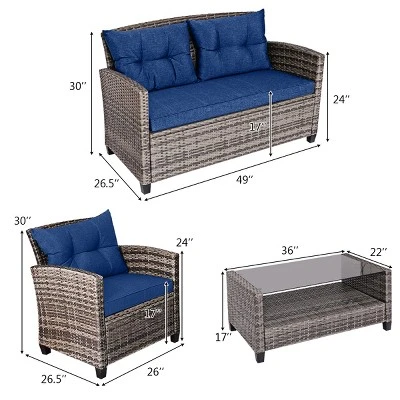 Tangkula 4PCS Rattan Furniture Set Coffee Table Cushioned Sofa Garden Lawn Patio Navy 7 Tangkula 4PCS Rattan Furniture Set Coffee Table Cushioned Sofa Garden Lawn Patio Navy - Image 7