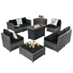 Tangkula 9 PCS Rattan Dinning Set Wicker Sofa W/Propane Gas Fire Pit 60,000 Btu Heater -Tangkula Shop GUEST 91395b61 f6a6 4db6 b581 22ed06856832