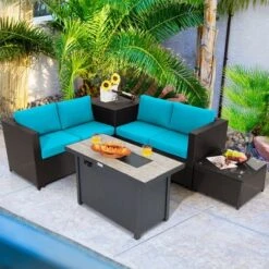Tangkula 5PCS Patio Rattan Furniture Set Fire Pit Table W/ Cover Storage Cushion -Tangkula Shop GUEST 9173948e 11f4 450a a9bd 2d3b1ee83d11