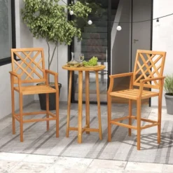 Tangkula 3-Piece Teak Patio Bar Set with Round Cocktail Table and 2 Bar Stools