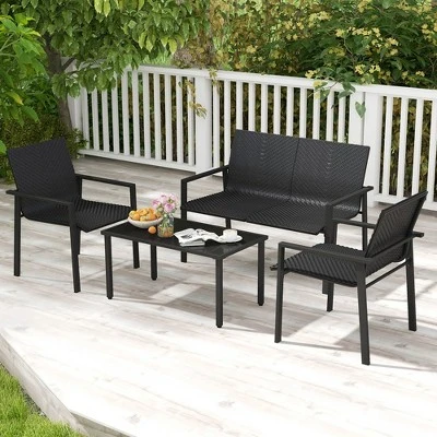 Tangkula 4 PCS Patio Furniture Set Heavy Duty Galvanized Metal Frame Wicker Table Black 3 Tangkula 4 PCS Patio Furniture Set Heavy Duty Galvanized Metal Frame Wicker Table Black - Image 3