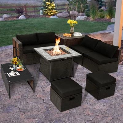 Tangkula 9 Pieces Outdoor Patio Furniture Set With 35" Propane Fire Pit Table Wicker Sectional Sofa Set W/ Storage Box Black/Gray/Navy/Red/Turquoise/Off White 1 Tangkula 9 Pieces Outdoor Patio Furniture Set With 35" Propane Fire Pit Table Wicker Sectional Sofa Set W/ Storage Box Black/Gray/Navy/Red/Turquoise/Off White
