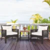 Tangkula 3PCS Patio Conversation Furniture Set PE Rattan Sofa Set W/Wood Top Table