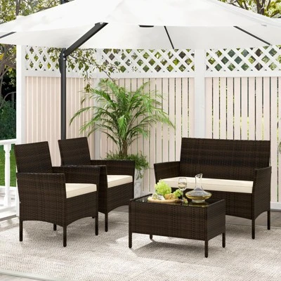 Tangkula 4 Piece Patio Rattan Conversation Set with Tempered Glass Table 2 Tangkula 4 Piece Patio Rattan Conversation Set with Tempered Glass Table - Image 2