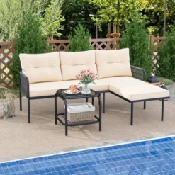 Tangkula 3-Piece L-Shaped Outdoor Rattan Sectional Sofa Set with Coffee Table
