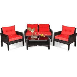 Tangkula 4 Piece Patio Conversation Set Rattan Wicker Loveseat Sofa Coffee Table & Glass Top Red/Turquoise Cushions 14 Tangkula 4 Piece Patio Conversation Set Rattan Wicker Loveseat Sofa Coffee Table & Glass Top Red/Turquoise Cushions -Tangkula Shop GUEST 9481fed3 757b 49de 984b 0120d1f31208
