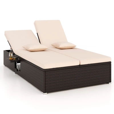 Tangkula Patio Double Chaise Lounge 6 Position Adjustable Wicker Recliner Bed With Cushions & Folding Side Trays 9 Tangkula Patio Double Chaise Lounge 6 Position Adjustable Wicker Recliner Bed With Cushions & Folding Side Trays - Image 9