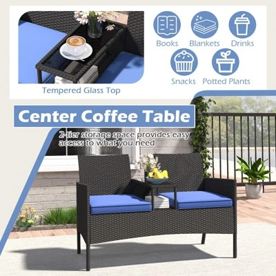 Tangkula 2-Seat Outdoor Rattan Loveseat with Built-in Coffee Table - Blue 5 Tangkula 2-Seat Outdoor Rattan Loveseat with Built-in Coffee Table - Blue - Image 5
