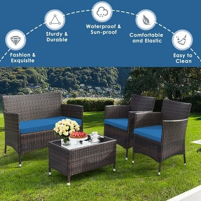 Tangkula 4-Piece Outdoor Rattan Conversation Set with Peacock Blue Cushions 9 Tangkula 4-Piece Outdoor Rattan Conversation Set with Peacock Blue Cushions - Image 9