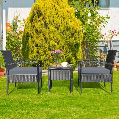 Tangkula 3 Pieces Patio Set Outdoor Wicker Rattan Furniture W/ Cushions Gray 1 Tangkula 3 Pieces Patio Set Outdoor Wicker Rattan Furniture W/ Cushions Gray