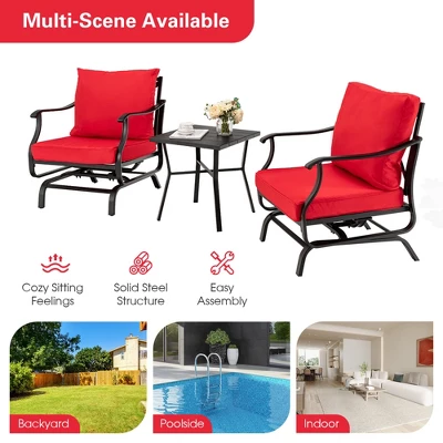 Tangkula 3-Piece Patio Rocking Bistro Set - Outdoor Conversation Set with Red Cushions 7 Tangkula 3-Piece Patio Rocking Bistro Set - Outdoor Conversation Set with Red Cushions - Image 7