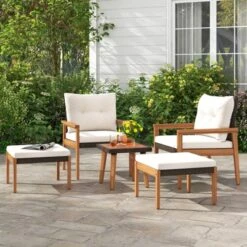 Tangkula 5 Pieces PE Rattan Patio Conversation Set Wicker Chairs With Square Coffee Table Ottomans & Soft Cushions