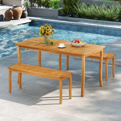 Tangkula 47" Acacia Wood Outdoor Bench, Backless Slatted Dining Seat 3 Tangkula 47" Acacia Wood Outdoor Bench, Backless Slatted Dining Seat - Image 3