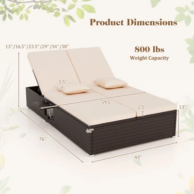 Tangkula Patio Double Chaise Lounge 6 Position Adjustable Wicker Recliner Bed With Cushions & Folding Side Trays 8 Tangkula Patio Double Chaise Lounge 6 Position Adjustable Wicker Recliner Bed With Cushions & Folding Side Trays - Image 8