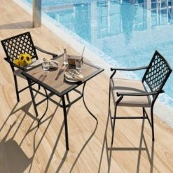 Tangkula 3 Piece Patio Bar Bistro Set, Outdoor Bar Height Stool & Table Ergonomic Seat W/ Comfortable Cushion Reinforced Steel Structure