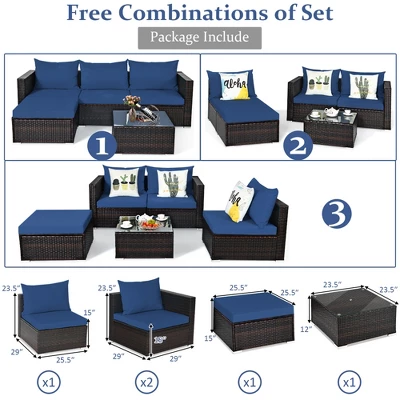 Tangkula 5PCS Cushioned Rattan Patio Conversation Set W/ Ottoman Navy Cushion 8 Tangkula 5PCS Cushioned Rattan Patio Conversation Set W/ Ottoman Navy Cushion - Image 8
