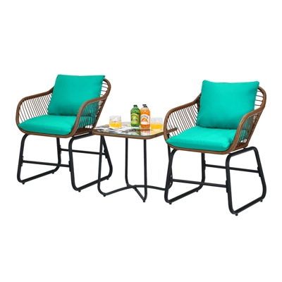 Tangkula 3 Pieces Outdoor Furniture Set Patio Bistro Set W/2 Armchairs & Tempered Glass Table White/Turquoise/Red 3 Tangkula 3 Pieces Outdoor Furniture Set Patio Bistro Set W/2 Armchairs & Tempered Glass Table White/Turquoise/Red - Image 3