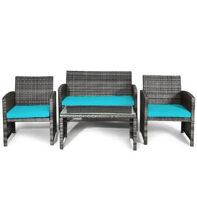 Tangkula 4-Piece Rattan Wicker Outdoor Patio Conversation Set - Turquoise 6 Tangkula 4-Piece Rattan Wicker Outdoor Patio Conversation Set - Turquoise - Image 6