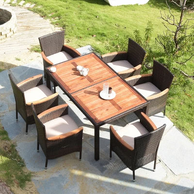Tangkula 7-Piece Outdoor Rattan Dining Set - Acacia Wood Table & 6 Stackable Chairs 2 Tangkula 7-Piece Outdoor Rattan Dining Set - Acacia Wood Table & 6 Stackable Chairs - Image 2