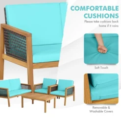Tangkula 4PCS Patio Acacia Wood Furniture Set PE Rattan Conversation Set W/ Turquoise Cushions 14 Tangkula 4PCS Patio Acacia Wood Furniture Set PE Rattan Conversation Set W/ Turquoise Cushions -Tangkula Shop GUEST 98617ba9 6db9 43f2 8bc2 867e92a72e31