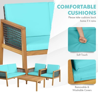 Tangkula 4PCS Patio Acacia Wood Furniture Set PE Rattan Conversation Set W/ Turquoise Cushions 7 Tangkula 4PCS Patio Acacia Wood Furniture Set PE Rattan Conversation Set W/ Turquoise Cushions - Image 7