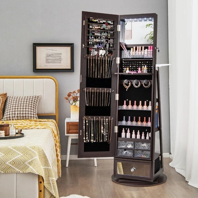 Tangkula 360° Swivel Jewelry Cabinet W/ Mirror Jewelry Storage Organizer Built-in Lights Dark Brown 1 Tangkula 360° Swivel Jewelry Cabinet W/ Mirror Jewelry Storage Organizer Built-in Lights Dark Brown