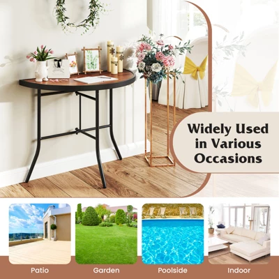 Tangkula 2-Piece Half-Round Folding Event Tables with Metal Frame - Brown 7 Tangkula 2-Piece Half-Round Folding Event Tables with Metal Frame - Brown - Image 7