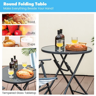 Tangkula 3-Piece Patio Folding Bistro Set with Glass Round Table 6 Tangkula 3-Piece Patio Folding Bistro Set with Glass Round Table - Image 6