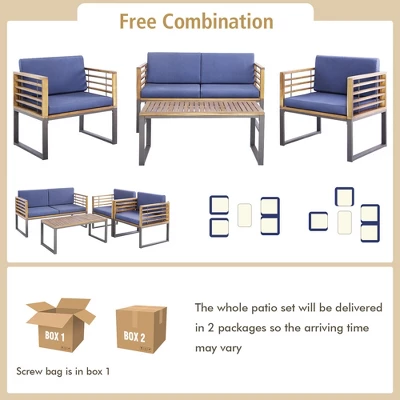 Tangkula 4PCS Acacia Wood Patio Conversation Set Outdoor Furniture Set W/ Navy Cushions 4 Tangkula 4PCS Acacia Wood Patio Conversation Set Outdoor Furniture Set W/ Navy Cushions - Image 4