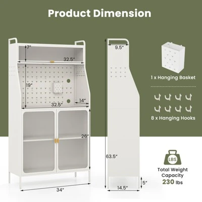 Tangkula 5-Tier Metal Baker's Rack Kitchen Pantry Cabinet W/ See-through Flip-up Door Pegboard Adjustable Shelf White 7 Tangkula 5-Tier Metal Baker's Rack Kitchen Pantry Cabinet W/ See-through Flip-up Door Pegboard Adjustable Shelf White - Image 7