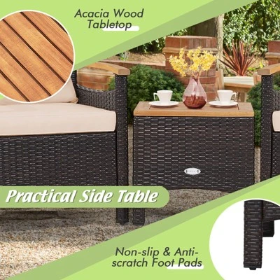Tangkula 3-Piece Patio Rattan Conversation Set with Cozy Acacia Wood 2 Tangkula 3-Piece Patio Rattan Conversation Set with Cozy Acacia Wood - Image 2