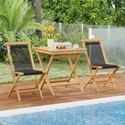 Tangkula 3-Piece Patio Bistro Set Teak Wood Square Coffee Table & Folding Chairs Set Of 2