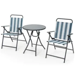Tangkula 3-Piece Patio Folding Bistro Set with Glass Round Table