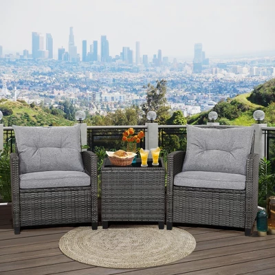 Tangkula 3-Piece Outdoor Wicker Conversation Set - Grey Rattan Patio Furniture with Tempered Glass Table 10 Tangkula 3-Piece Outdoor Wicker Conversation Set - Grey Rattan Patio Furniture with Tempered Glass Table - Image 10