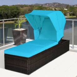 Tangkula Rattan Patio Chaise Lounge Chair with Adjustable Canopy