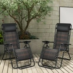 Tangkula Set of 2 Folding Zero Gravity Rattan Lounge Chairs with Headrests