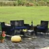 Tangkula 4-Piece Outdoor Rattan Conversation Set with Navy & Off White Cushions
