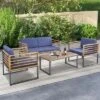 Tangkula 4PCS Acacia Wood Patio Conversation Set Outdoor Furniture Set W/ Navy Cushions