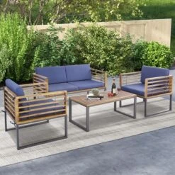Tangkula 4PCS Acacia Wood Patio Conversation Set Outdoor Furniture Set W/ Navy Cushions