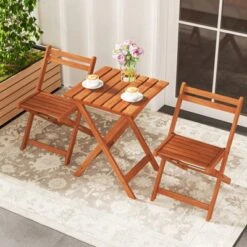 Tangkula 3-Piece Outdoor Wood Bistro Set with Folding Chairs and Dining Table