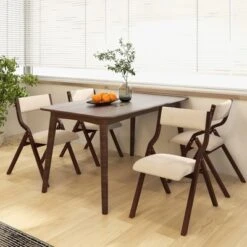 Tangkula Folding Dining Chairs Set Of 4 Wooden Table Chairs W/ Padded Seat Modern Coffee & Beige