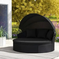 Tangkula Patio Round Daybed Wicker Sectional Sofa with Retractable Canopy
