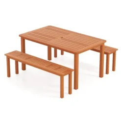Tangkula Set Of 3 Patio Dining Set Solid Wood Dining Table W/2 Benches 2" Umbrella Hole -Tangkula Shop GUEST 9e3e80c9 502c 4e78 af11 fee5a3796775
