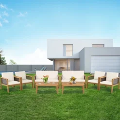 Tangkula 8-Piece Acacia Wood & PE Rattan Patio Conversation Set with Cushions